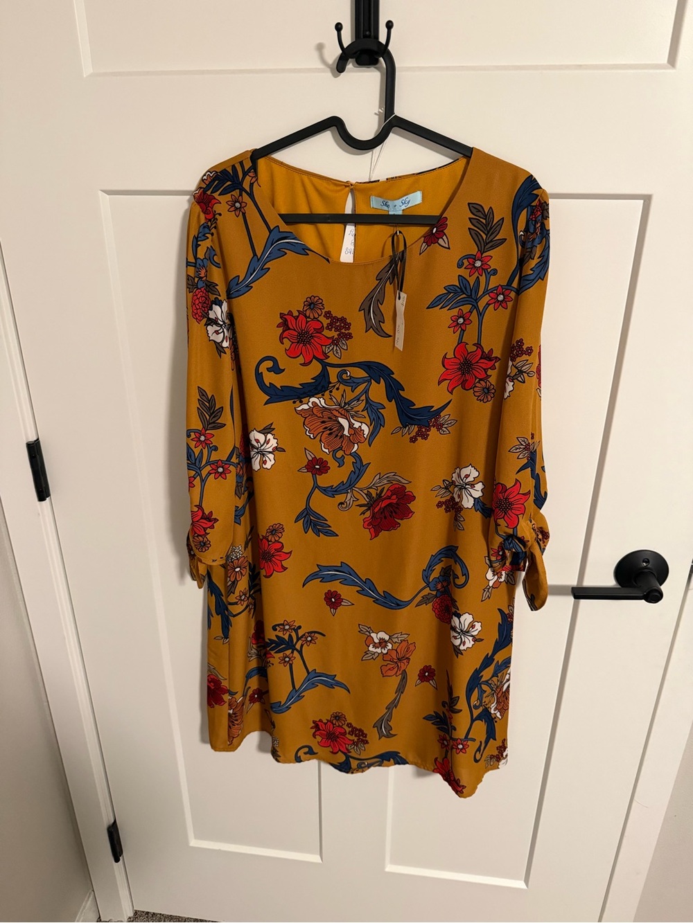 She + Sky Mustard Floral Mini Dress with Tie Neck